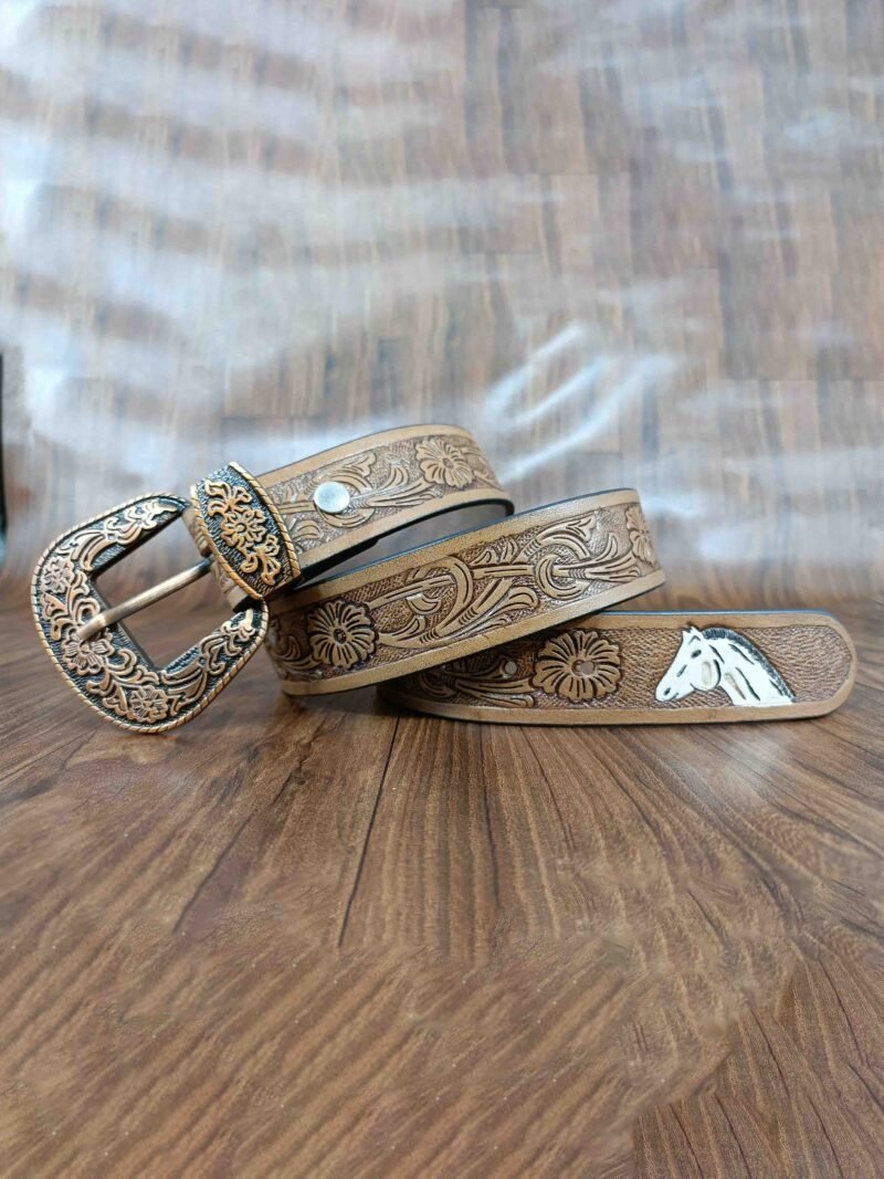 Horse Head Design Tooled Western Belt - Image 4
