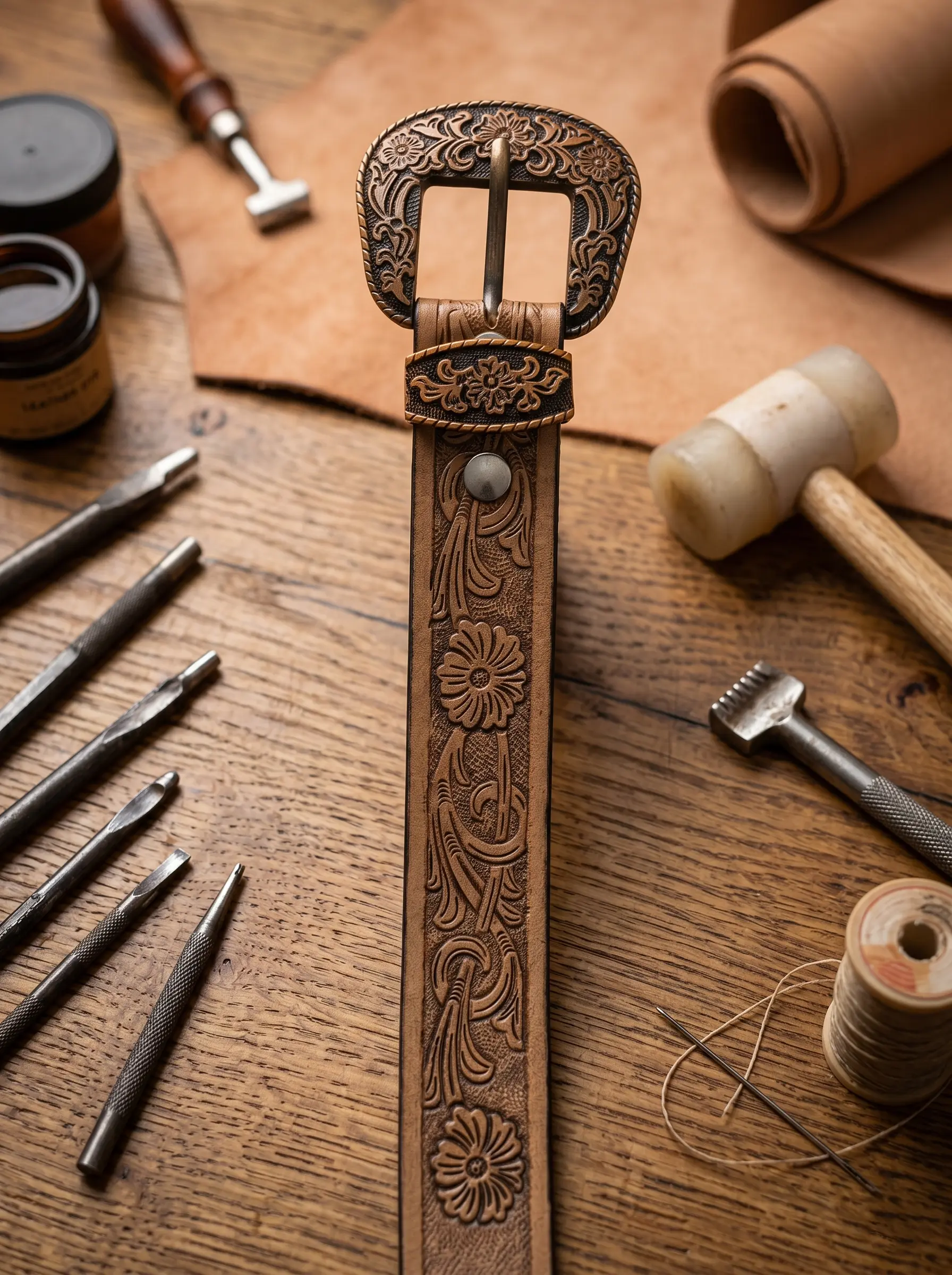 Horse Head Design Tooled Western Belt - Image 5