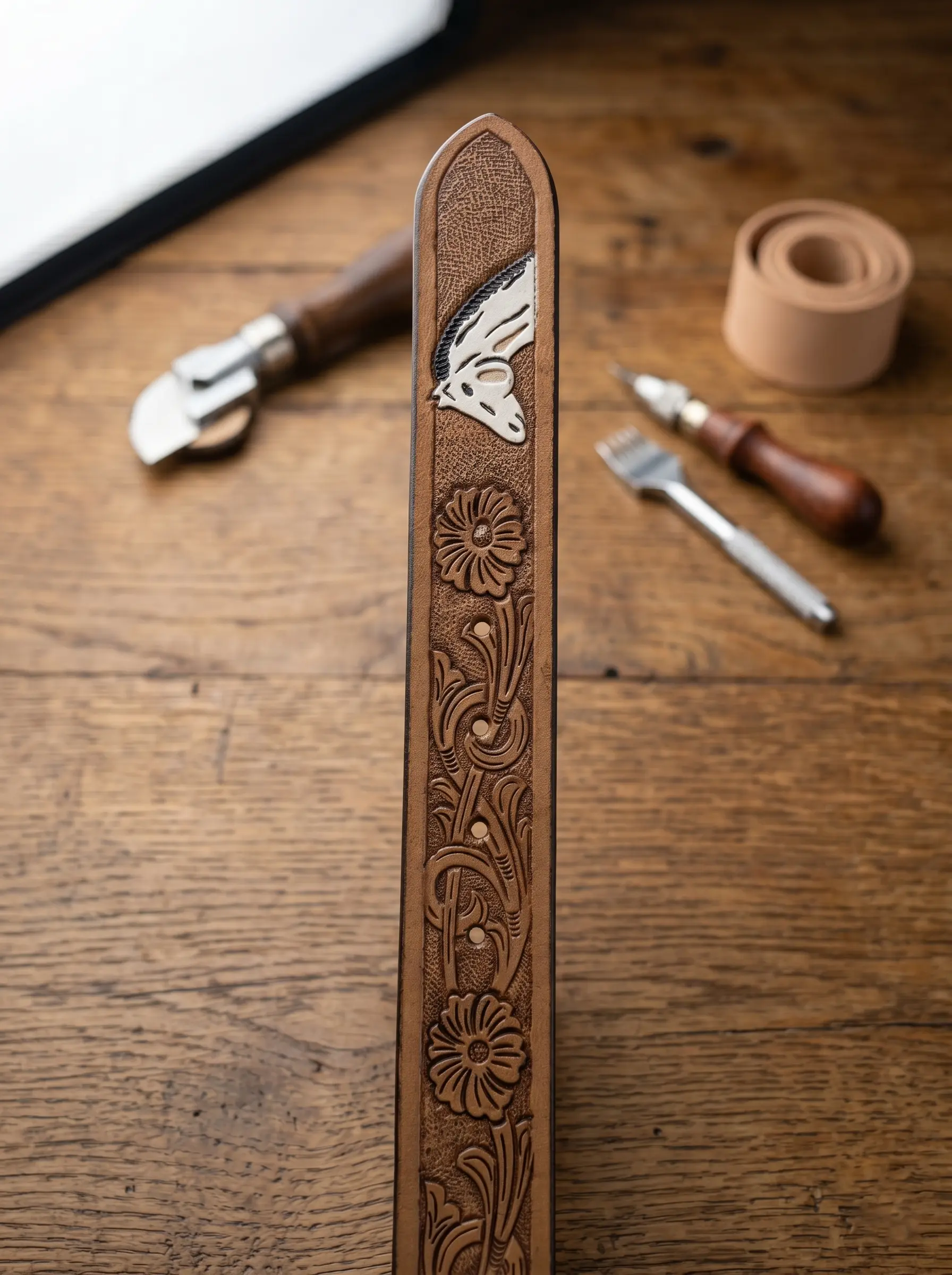 Horse Head Design Tooled Western Belt - Image 6