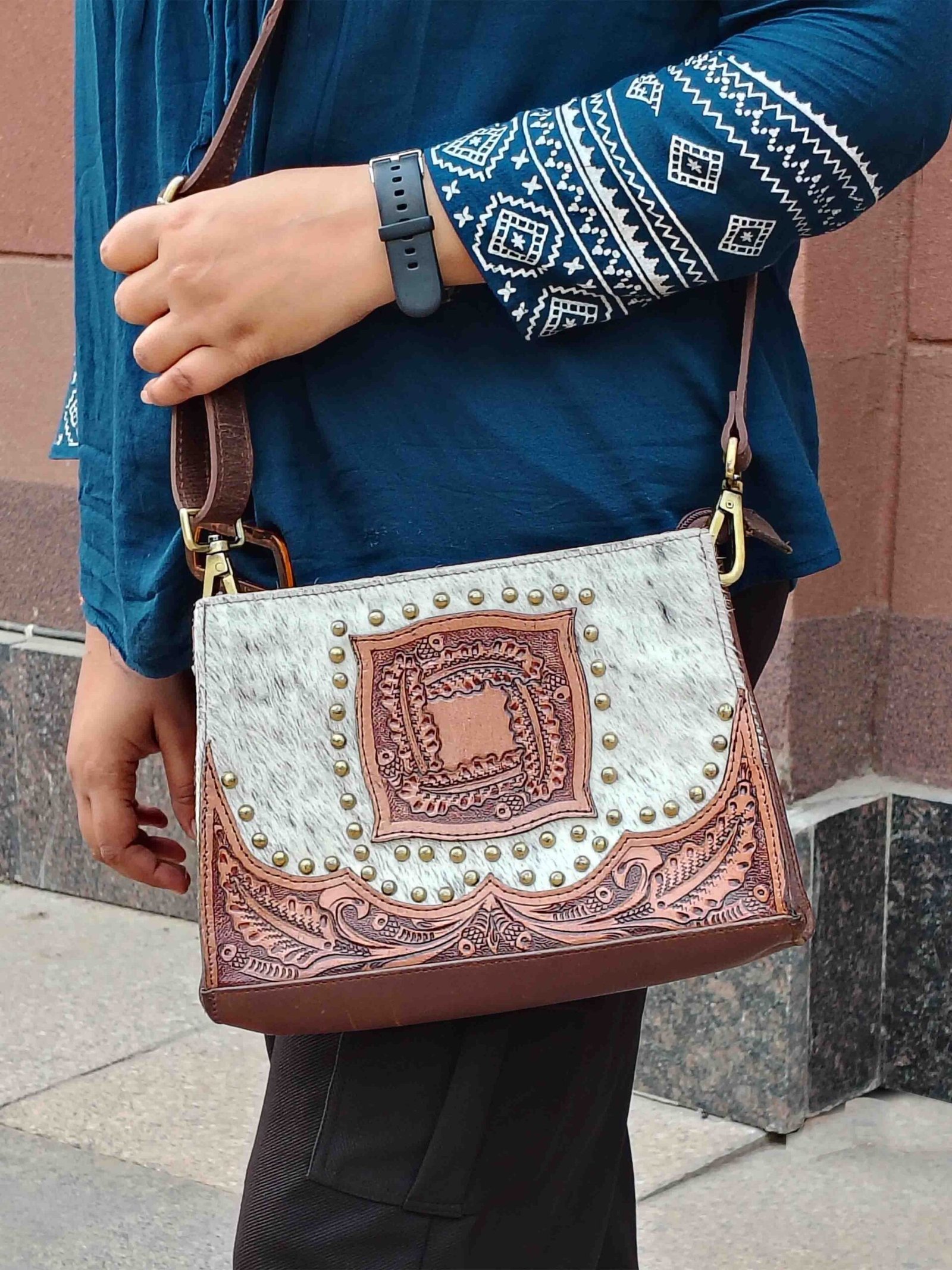 Hand-Tooled & Hair-On Leather Shoulder Bag