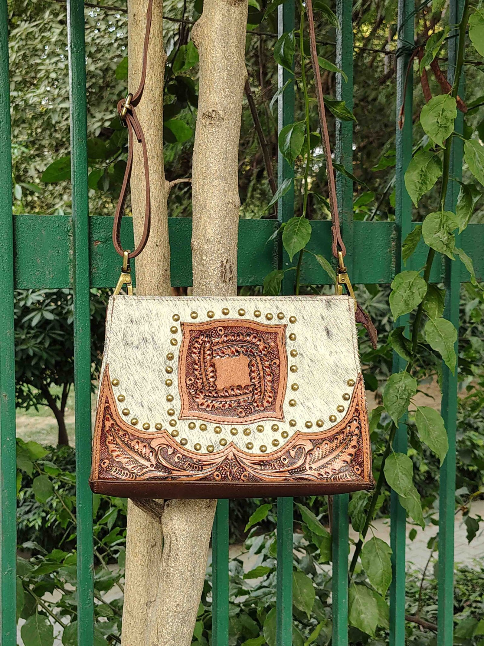 Hand-Tooled & Hair-On Leather Shoulder Bag - Image 2