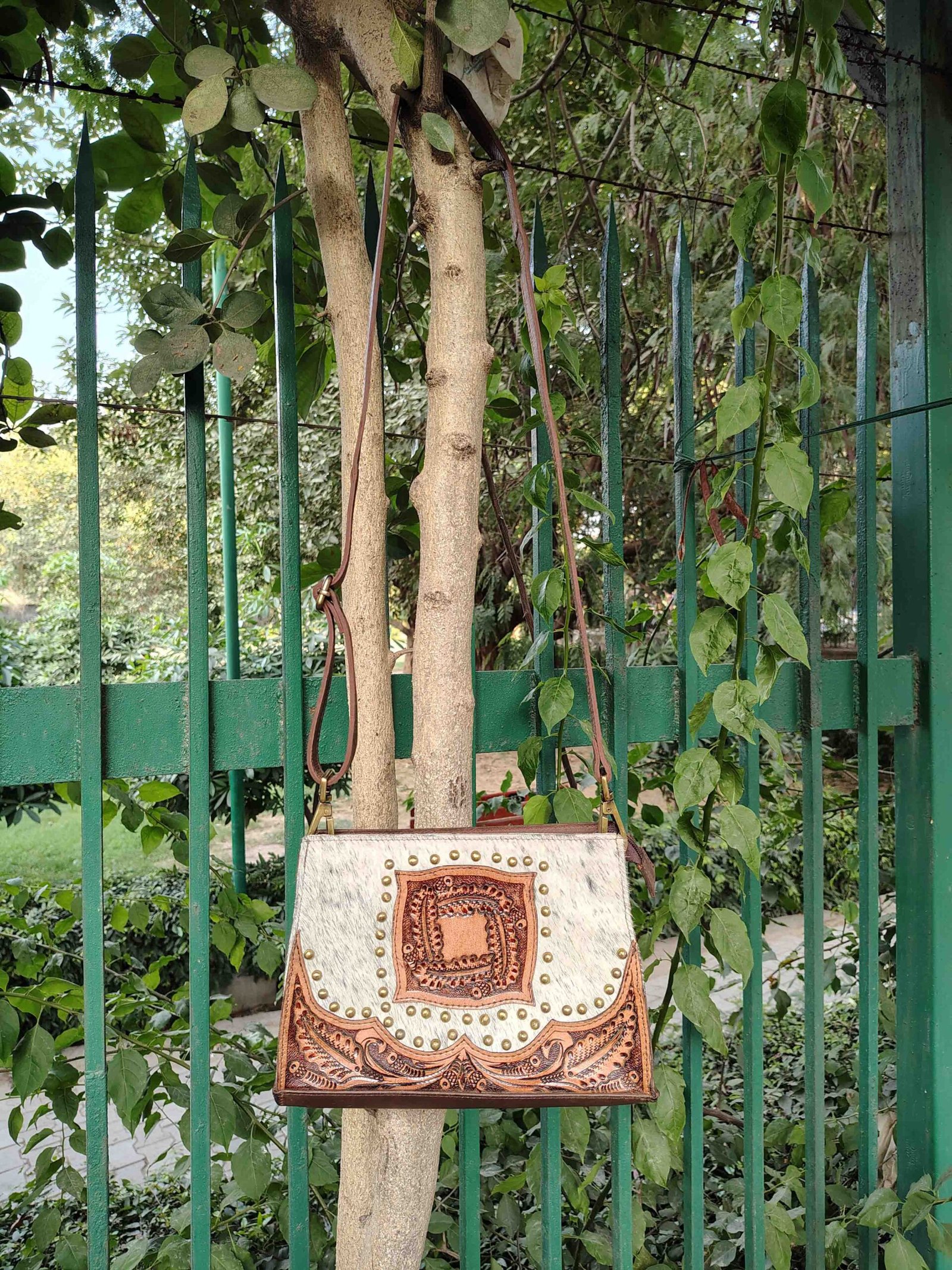 Hand-Tooled & Hair-On Leather Shoulder Bag - Image 4