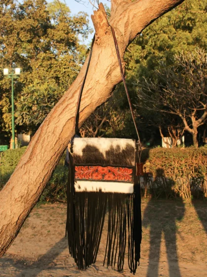 Hair-On Hand Tooled Shoulder Bags with Fringes