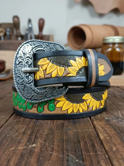 Hand-Painted Sunflower Design Tooled Western Belt