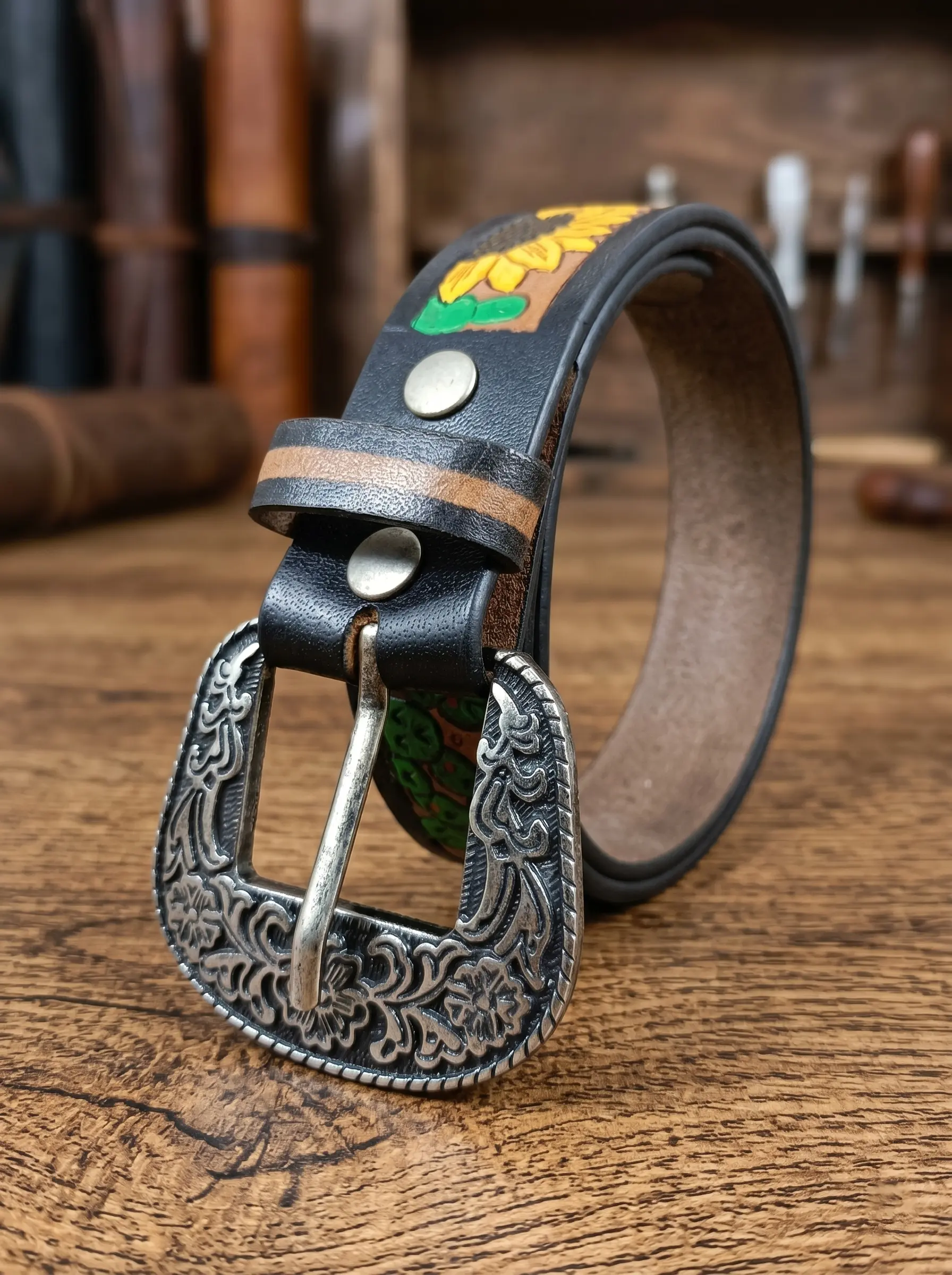 Hand-Painted Sunflower Design Tooled Western Belt - Image 3