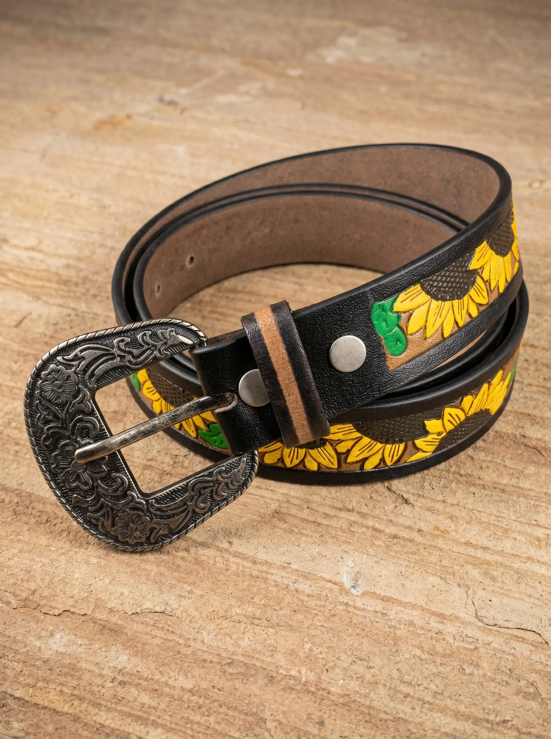 Hand-Painted Sunflower Design Tooled Western Belt - Image 4