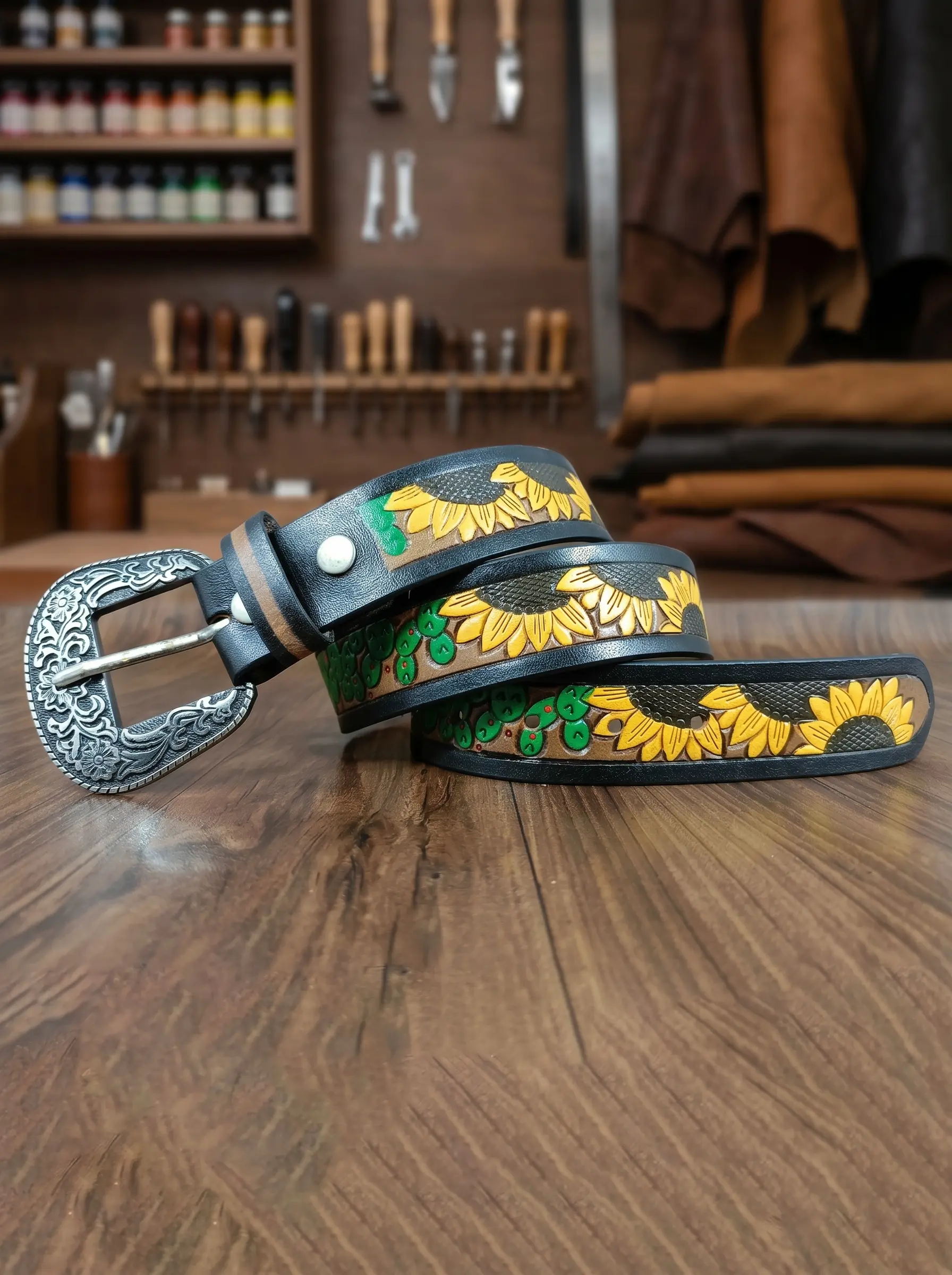 Hand-Painted Sunflower Design Tooled Western Belt - Image 2