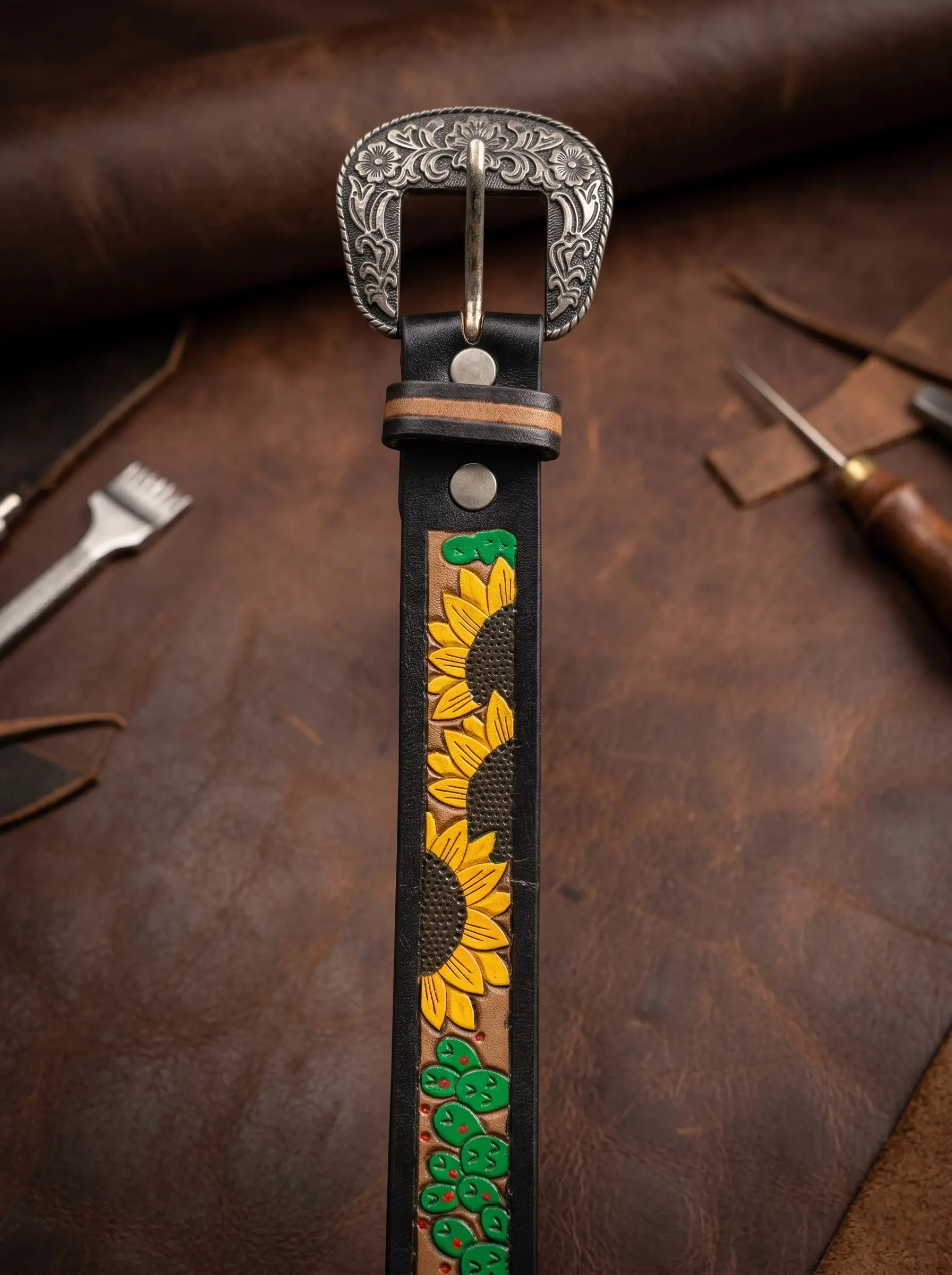 Hand-Painted Sunflower Design Tooled Western Belt - Image 5