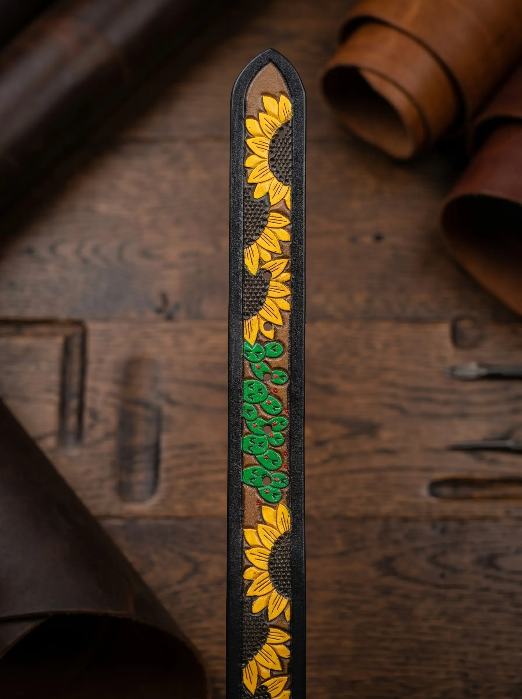 Hand-Painted Sunflower Design Tooled Western Belt - Image 6