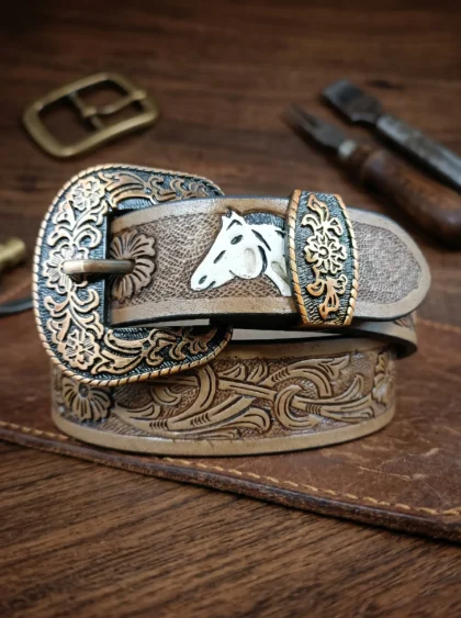 Horse Head Design Tooled Western Belt